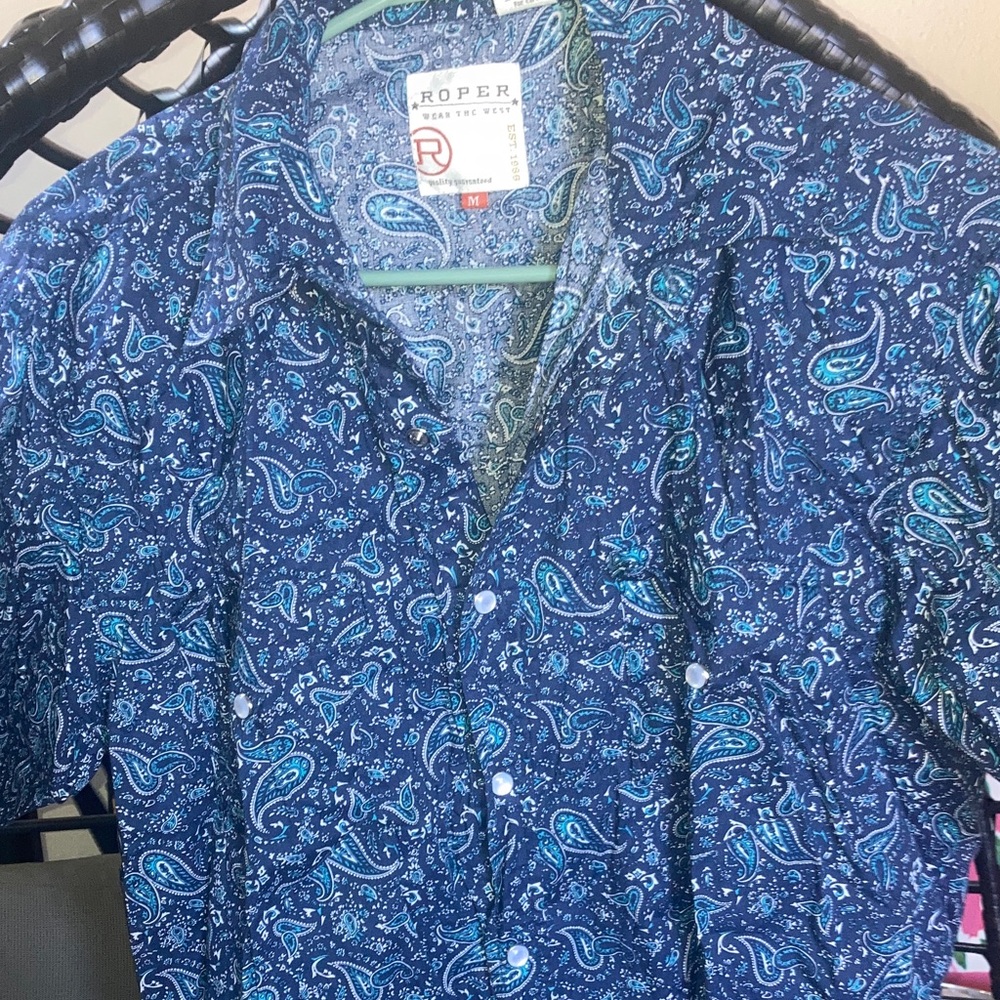 Roper Men's Navy and Teal Paisley Short Sleeve Button-Down Shirt